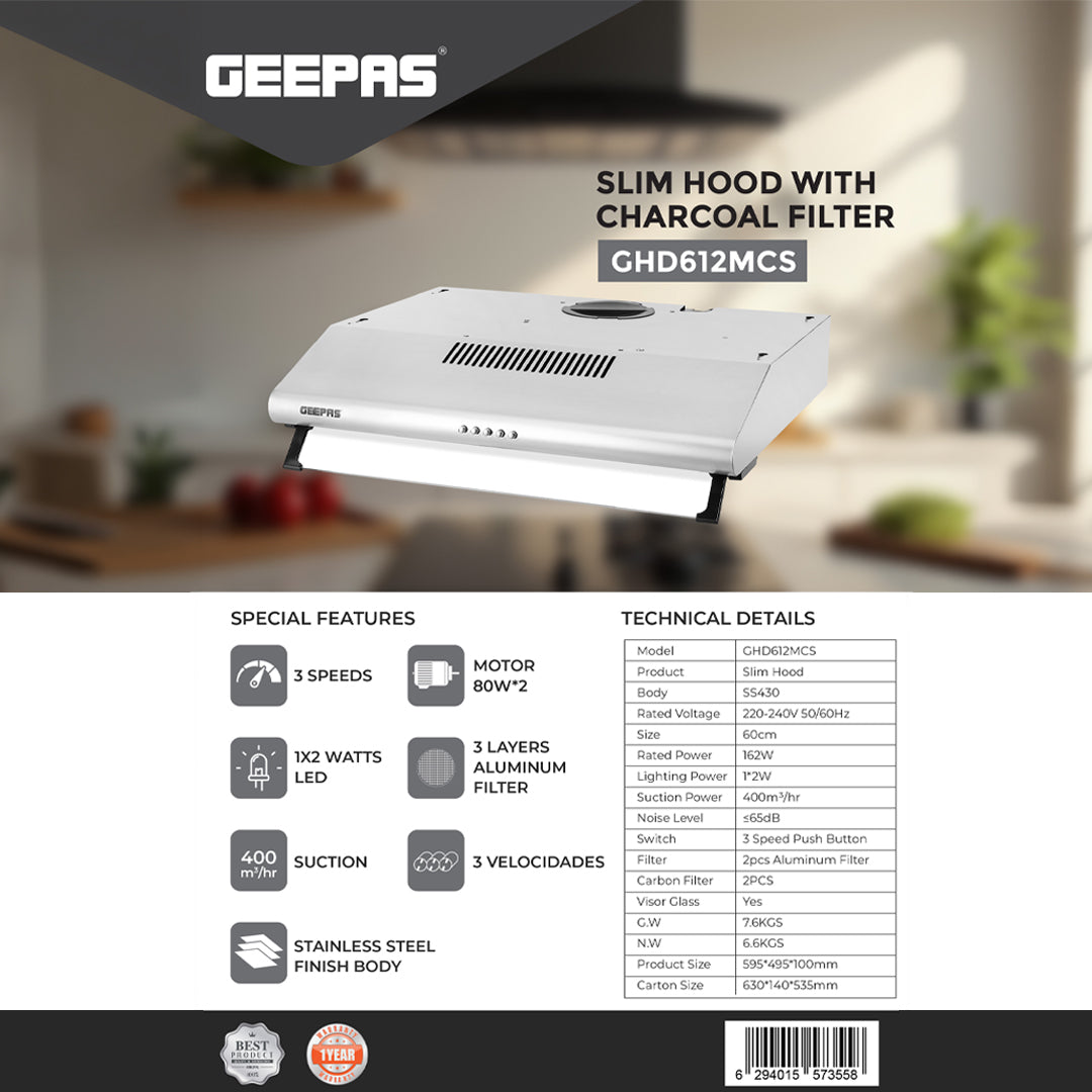 Geepas Slim Hood GHD612MCS with stainless steel finish, 3-speed control, 400 m³/hr suction, LED lighting, and charcoal filters for superior kitchen ventilation.