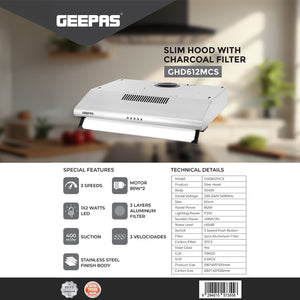 Geepas Slim Hood GHD612MCS with stainless steel finish, 3-speed control, 400 m³/hr suction, LED lighting, and charcoal filters for superior kitchen ventilation.