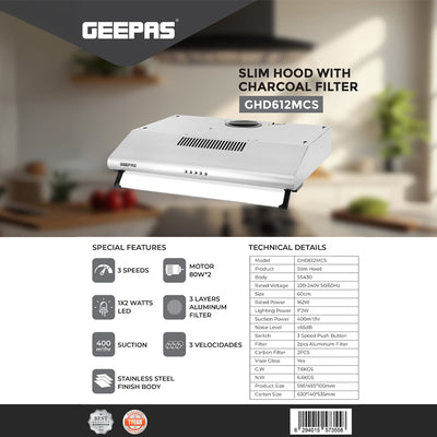 Geepas Slim Hood GHD612MCS with stainless steel finish, 3-speed control, 400 m³/hr suction, LED lighting, and charcoal filters for superior kitchen ventilation.