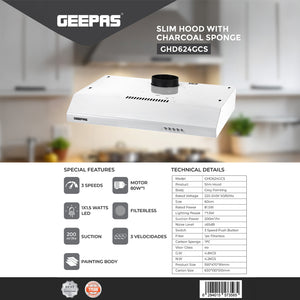 Geepas Slim Hood GHD624GCS | Slim Design Kitchen Hood with 80W Motor| 3 Speed Push Button Control| 200 m³/h Suction Power| LED Light| Charcoal Filter| 1 Year Warranty
