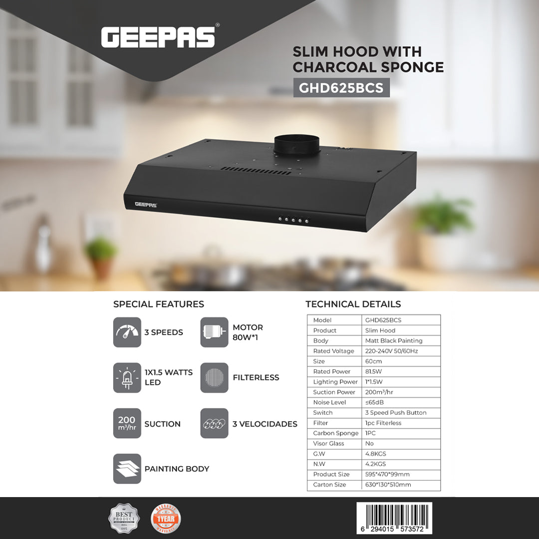Geepas Slim Hood GHD625BCS | Stylish Black Slim Kitchen Hood | 80W Motor| 3 Speed Push Button Control | 200 m³/h Suction Power| Charcoal Filter |  1 Year Warranty