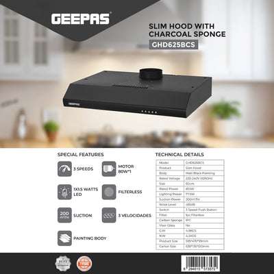 Geepas Slim Hood GHD625BCS | Stylish Black Slim Kitchen Hood | 80W Motor| 3 Speed Push Button Control | 200 m³/h Suction Power| Charcoal Filter |  1 Year Warranty