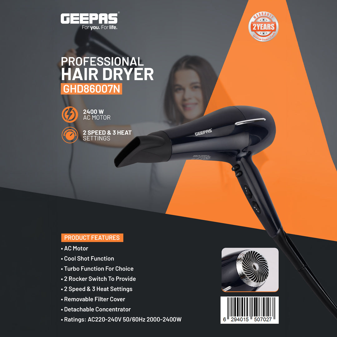 Geepas GHD86007 Professional Hair Dryer| 2400W AC Motor| 2-Speed & 3-Heat Settings| Turbo Function| Removable Filter Cover| Detachable Concentrator| 2 Years Warranty