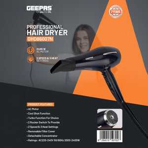 Geepas GHD86007 Professional Hair Dryer| 2400W AC Motor| 2-Speed & 3-Heat Settings| Turbo Function| Removable Filter Cover| Detachable Concentrator| 2 Years Warranty