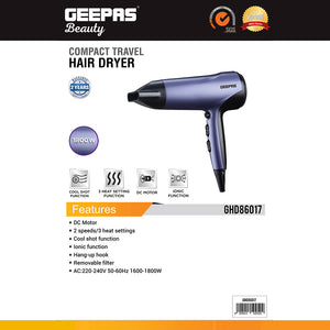 Geepas GHD86017 Compact Travel Hair Dryer| 1800W Powerful DC Motor| 2 Speed & 3 Heat Settings| Ionic & Cool Shot Function| Removable Filter| Hang-Up Hook| 2-Year Warranty