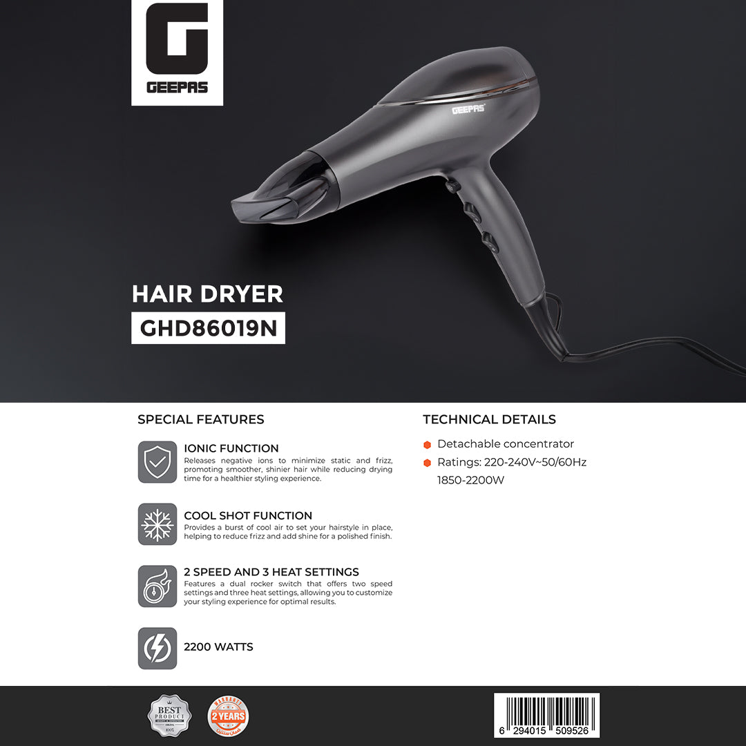 Geepas GHD86019 Hair Dryer | 2200W Ionic Hair Dryer | Cool Shot Function | Advanced Ionic Technology | Cool Shot Function | 2 Speed Settings | 3 Heat Settings | Low Frizz