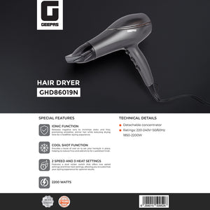 Geepas GHD86019 Hair Dryer | 2200W Ionic Hair Dryer | Cool Shot Function | Advanced Ionic Technology | Cool Shot Function | 2 Speed Settings | 3 Heat Settings | Low Frizz