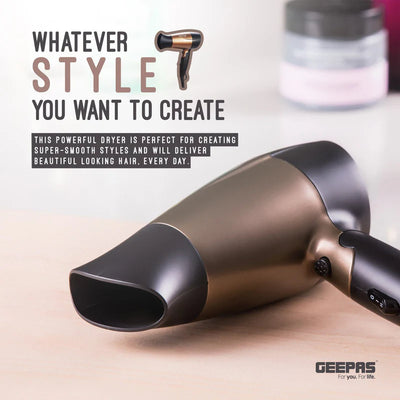 Geepas GH8642 Mini Hair Dryer |1600W Powerful Motor| 2 Speed & 2 Heat Settings| Cool Shot| Foldable Handle| Elegant Concentrator|  Travel Hair Dryer | 2 Years Warranty