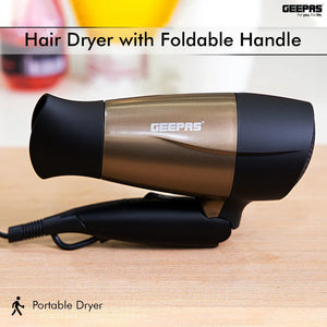 Geepas GH8642 Mini Hair Dryer |1600W Powerful Motor| 2 Speed & 2 Heat Settings| Cool Shot| Foldable Handle| Elegant Concentrator|  Travel Hair Dryer | 2 Years Warranty