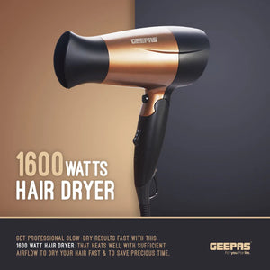 Geepas GH8642 Mini Hair Dryer |1600W Powerful Motor| 2 Speed & 2 Heat Settings| Cool Shot| Foldable Handle| Elegant Concentrator|  Travel Hair Dryer | 2 Years Warranty