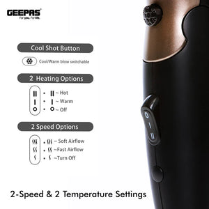 Geepas GH8642 Mini Hair Dryer |1600W Powerful Motor| 2 Speed & 2 Heat Settings| Cool Shot| Foldable Handle| Elegant Concentrator|  Travel Hair Dryer | 2 Years Warranty