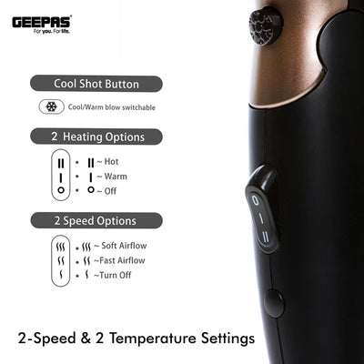Geepas GH8642 Mini Hair Dryer |1600W Powerful Motor| 2 Speed & 2 Heat Settings| Cool Shot| Foldable Handle| Elegant Concentrator|  Travel Hair Dryer | 2 Years Warranty