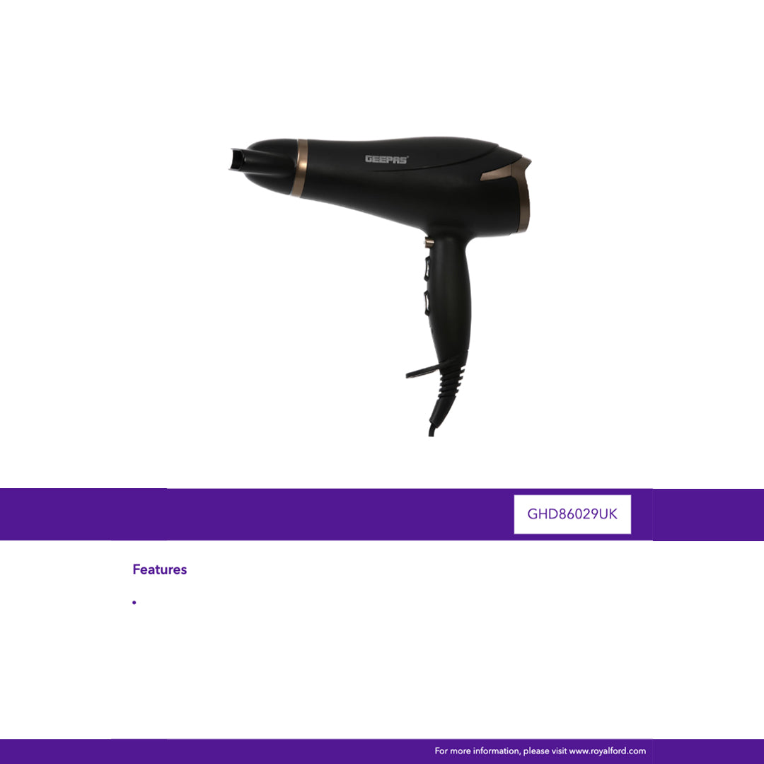 Geepas GHD86029UK 2200W Professional Hair Dryer | Ceramic Technology & Ionic Care | 2 airflow speeds | 3 temperature settings | Cool shot button locks | 2-year warranty