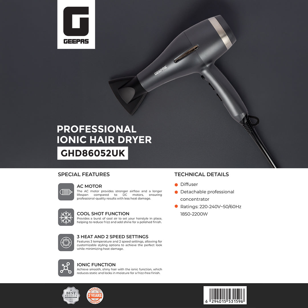 Geepas GHD86052UK Professional Ionic Hair Dryer | 2200W AC Motor | 3 Heat & 2 Speed Settings| Cool Shot | Ionic Function | Diffuser | Concentrator | 2 Years Warranty