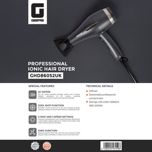 Geepas GHD86052UK Professional Ionic Hair Dryer | 2200W AC Motor | 3 Heat & 2 Speed Settings| Cool Shot | Ionic Function | Diffuser | Concentrator | 2 Years Warranty