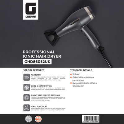 Geepas GHD86052UK Professional Ionic Hair Dryer | 2200W AC Motor | 3 Heat & 2 Speed Settings| Cool Shot | Ionic Function | Diffuser | Concentrator | 2 Years Warranty