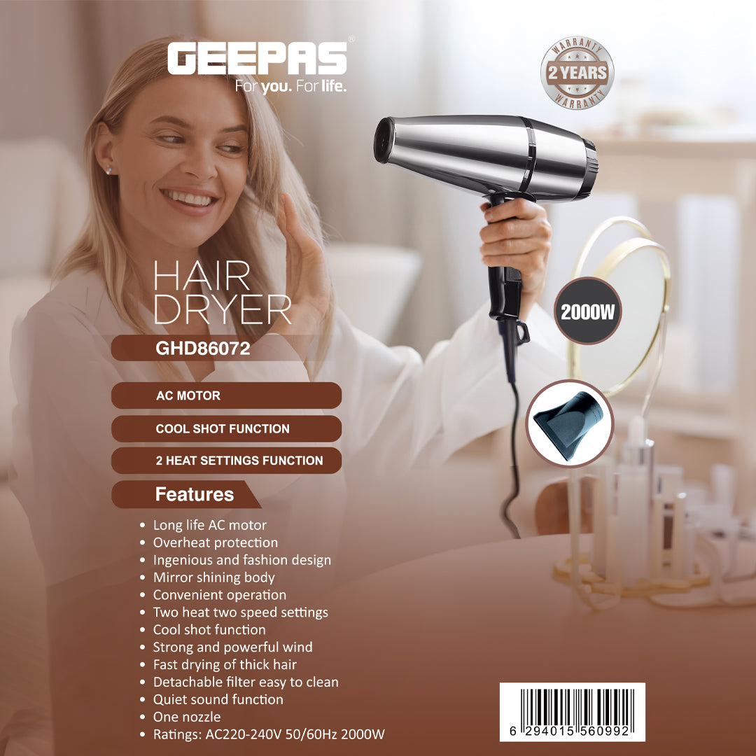 Geepas Hair Dryer GHD86072 | 2000W | 2 Speed & Heat Settings | Cool Shot | Nozzle for Quick Drying | Overheat Protection | Mirror Body | 2-Year Warranty, Silver