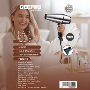 Geepas Hair Dryer GHD86072 | 2000W | 2 Speed & Heat Settings | Cool Shot | Nozzle for Quick Drying | Overheat Protection | Mirror Body | 2-Year Warranty, Silver