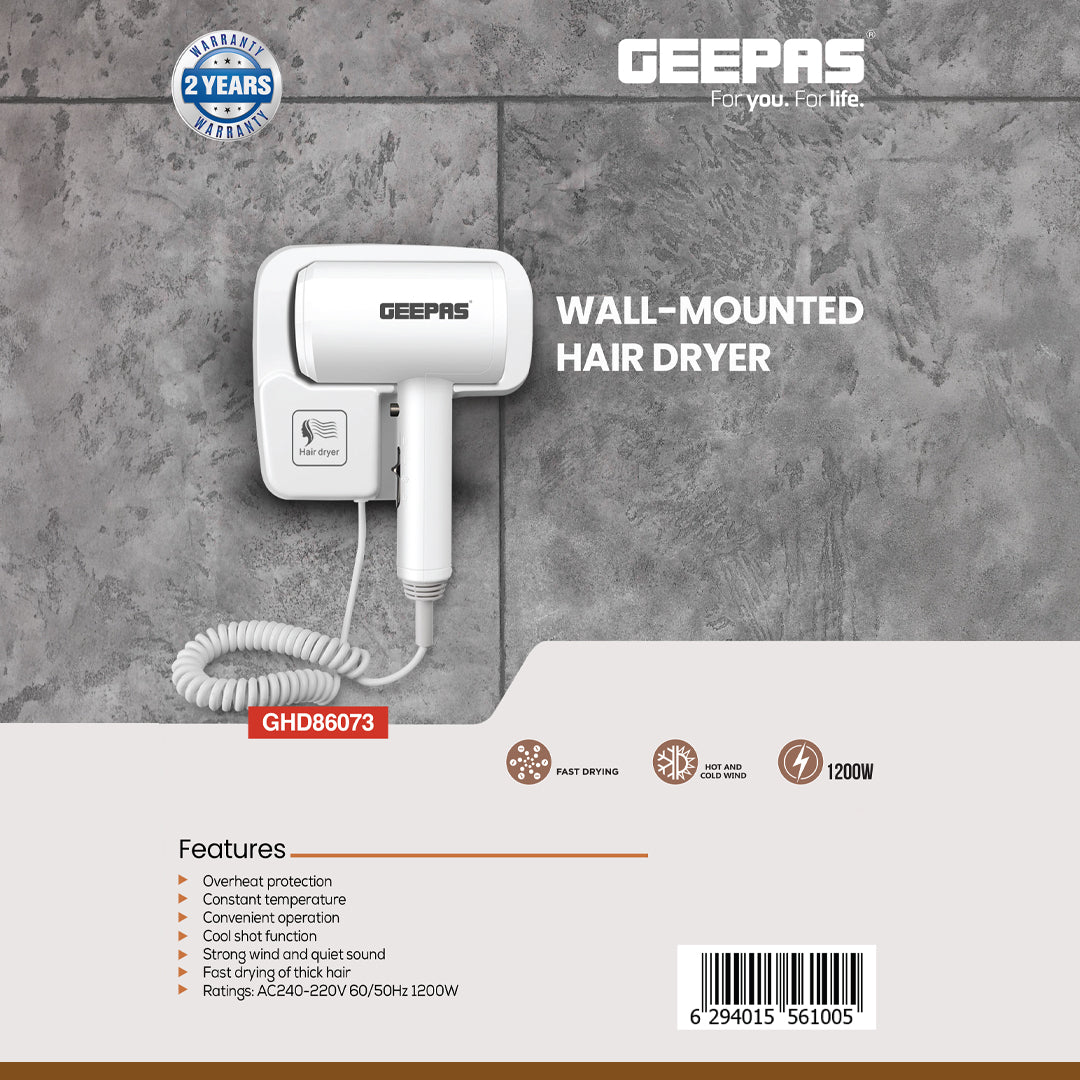 Geepas GHD86073 Wall-Mounted Hair Dryer | 1200W Powerful Motor| Cool Shot Function| Constant Temperature| Overheat & Noise Protection| Fast Drying| 2 Years Warranty