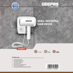 Geepas GHD86073 Wall-Mounted Hair Dryer | 1200W Powerful Motor| Cool Shot Function| Constant Temperature| Overheat & Noise Protection| Fast Drying| 2 Years Warranty
