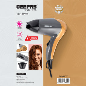 Geepas 1200W Hair Dryer GHD86077 | 2 Speed & 2 Heat Settings, Quiet Sound |With Concentrator for Quick Drying, Hang-Up Hook for Easy Storage |Black & Gold, 2Year Warranty