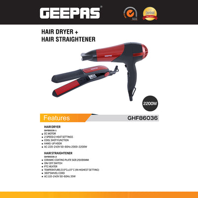 Geepas GHF86036 Hair Dryer & Hair Straightener Combo | 2200W Powerful DC Motor| 2 Speed/2 Heat Settings| Ceramic Plates| Cool Shot| 360° Swivel Cord | Dual Voltage