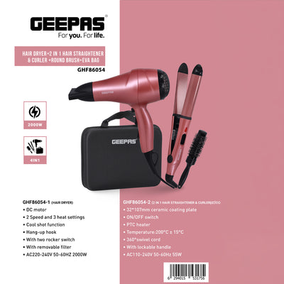 Geepas GHF86054 4-in-1 Hair Dryer, 2-in-1 Hair Straightener & Curler with Round Brush & EVA Carry Bag | 2000W | Ceramic Coating Plates| PTC Heater| 360° Swivel Cord