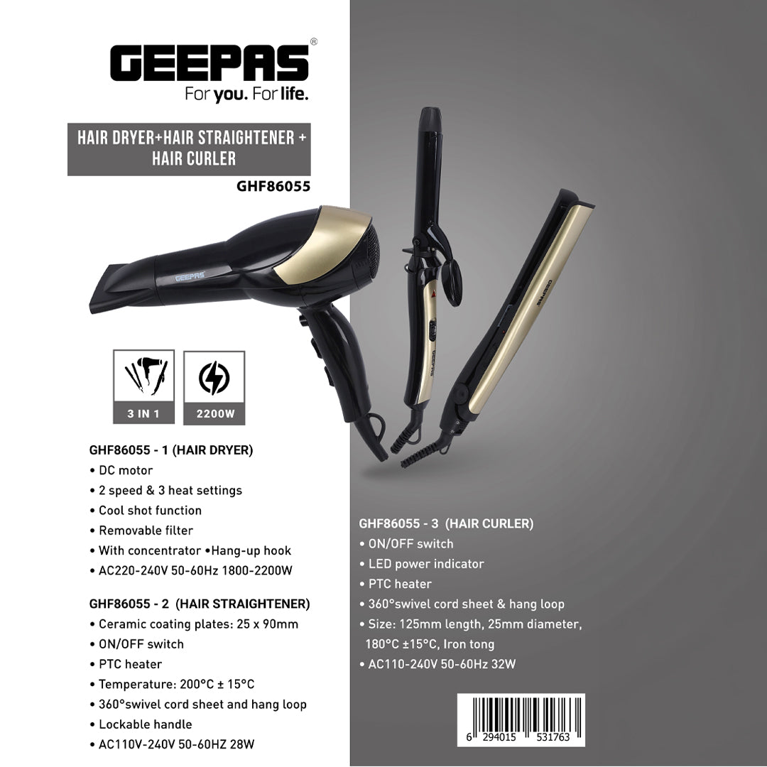 Geepas GHF86055 3-in-1 Hair Dryer, Hair Straightener & Hair Curler | 2200W Power| Ceramic Plates| Cool Shot Function| PTC Heater| 360° Swivel Cord & LED Power Indicator