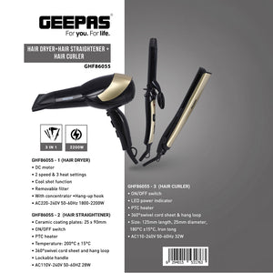 Geepas GHF86055 3-in-1 Hair Dryer, Hair Straightener & Hair Curler | 2200W Power| Ceramic Plates| Cool Shot Function| PTC Heater| 360° Swivel Cord & LED Power Indicator