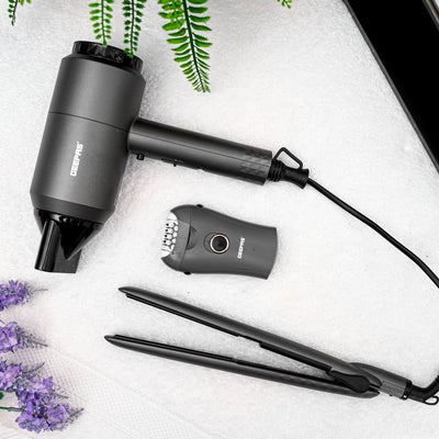 Geepas 3-in-1 Styling Kit GHF86068 | Hair Dryer, Straightener & Epilator | 2 Speeds, Ceramic Plates, Painless Hair Removal | 2200W, DC Motor | 2-Year Warranty, Grey