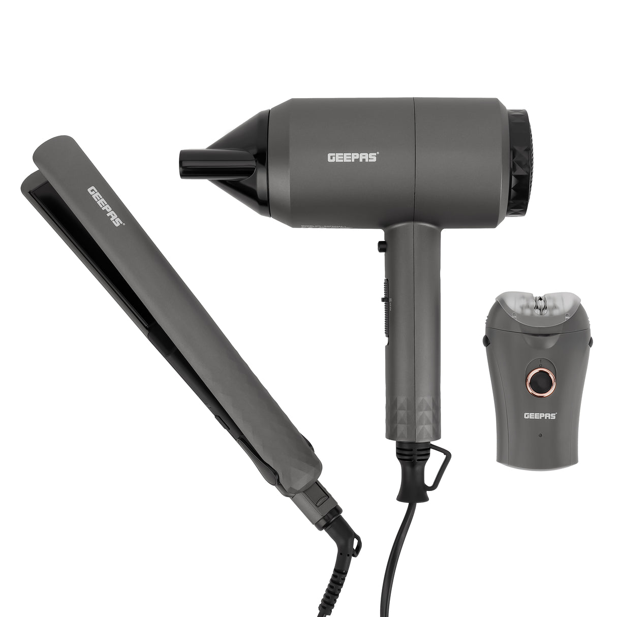 Geepas 3-in-1 Styling Kit GHF86068 | Hair Dryer, Straightener & Epilator | 2 Speeds, Ceramic Plates, Painless Hair Removal | 2200W, DC Motor | 2-Year Warranty, Grey
