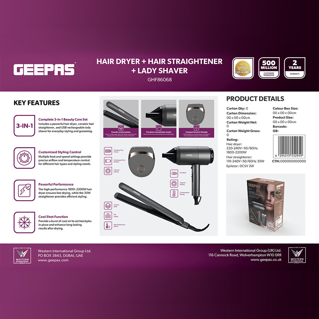 Geepas 3-in-1 Styling Kit GHF86068 | Hair Dryer, Straightener & Epilator | 2 Speeds, Ceramic Plates, Painless Hair Removal | 2200W, DC Motor | 2-Year Warranty, Grey