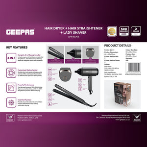 Geepas 3-in-1 Styling Kit GHF86068 | Hair Dryer, Straightener & Epilator | 2 Speeds, Ceramic Plates, Painless Hair Removal | 2200W, DC Motor | 2-Year Warranty, Grey