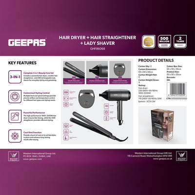 Geepas 3-in-1 Styling Kit GHF86068 | Hair Dryer, Straightener & Epilator | 2 Speeds, Ceramic Plates, Painless Hair Removal | 2200W, DC Motor | 2-Year Warranty, Grey