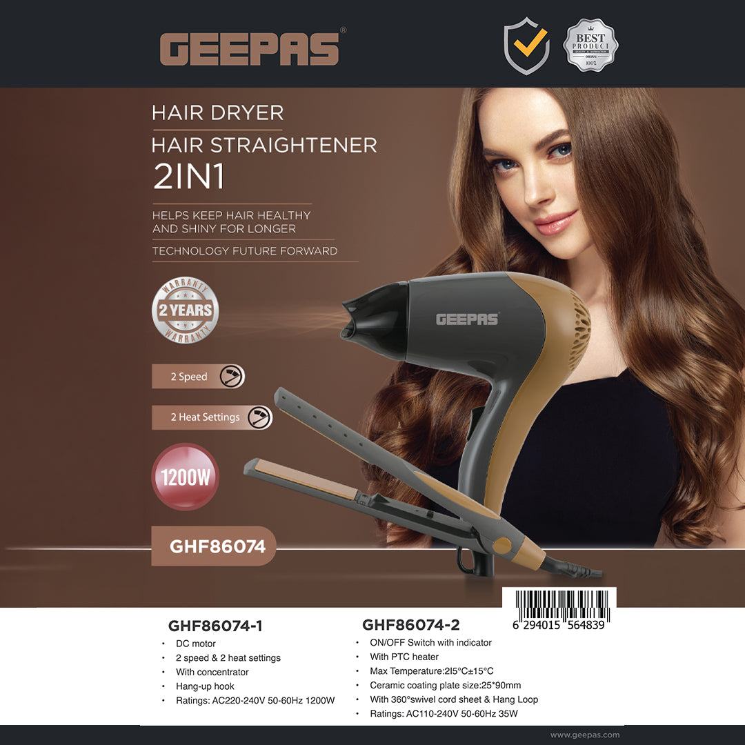 Geepas GHF86074 2-in-1 Hair Dryer & Hair Straightener|1200W |2 Speed & 2 Heat Settings| Ceramic Plates| 360° Swivel Cord| PTC Heater & Cool Air Function| 2 years Warranty