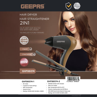 Geepas GHF86074 2-in-1 Hair Dryer & Hair Straightener|1200W |2 Speed & 2 Heat Settings| Ceramic Plates| 360° Swivel Cord| PTC Heater & Cool Air Function| 2 years Warranty