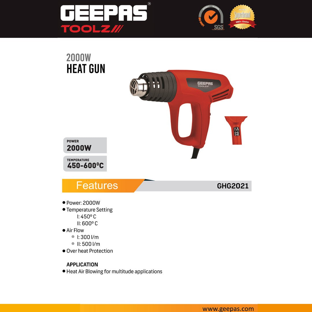 Geepas GHG2021 2000W Heat Gun with Dual Temperature Settings 450°C & 600°C | 300/500L/min Airflow | Overheat Protection | Hot Air Tool for DIY & Professional Use
