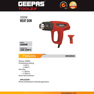 Geepas GHG2021 2000W Heat Gun with Dual Temperature Settings 450°C & 600°C | 300/500L/min Airflow | Overheat Protection | Hot Air Tool for DIY & Professional Use