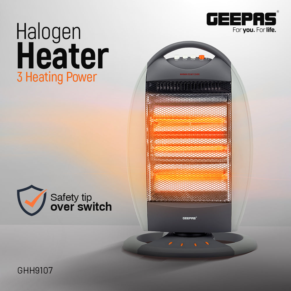 Geepas GHH9107 1200W Halogen Heater | 3 Heat Settings | Tip-Over Safety Protection | Instant Heating | Energy Efficient | Compact & Portable Design | 2 Years Warranty