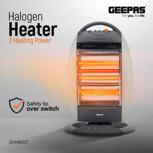 Geepas GHH9107 1200W Halogen Heater | 3 Heat Settings | Tip-Over Safety Protection | Instant Heating | Energy Efficient | Compact & Portable Design | 2 Years Warranty