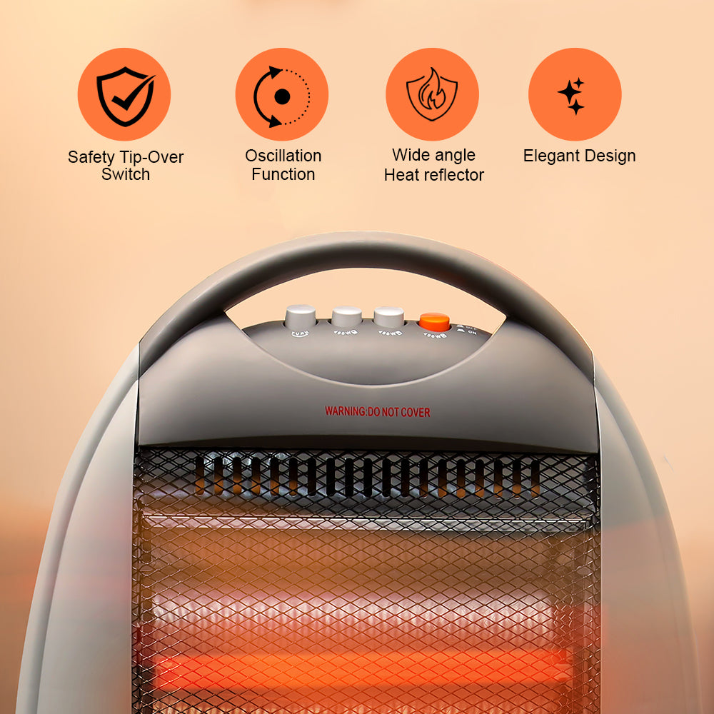Geepas GHH9107 1200W Halogen Heater | 3 Heat Settings | Tip-Over Safety Protection | Instant Heating | Energy Efficient | Compact & Portable Design | 2 Years Warranty