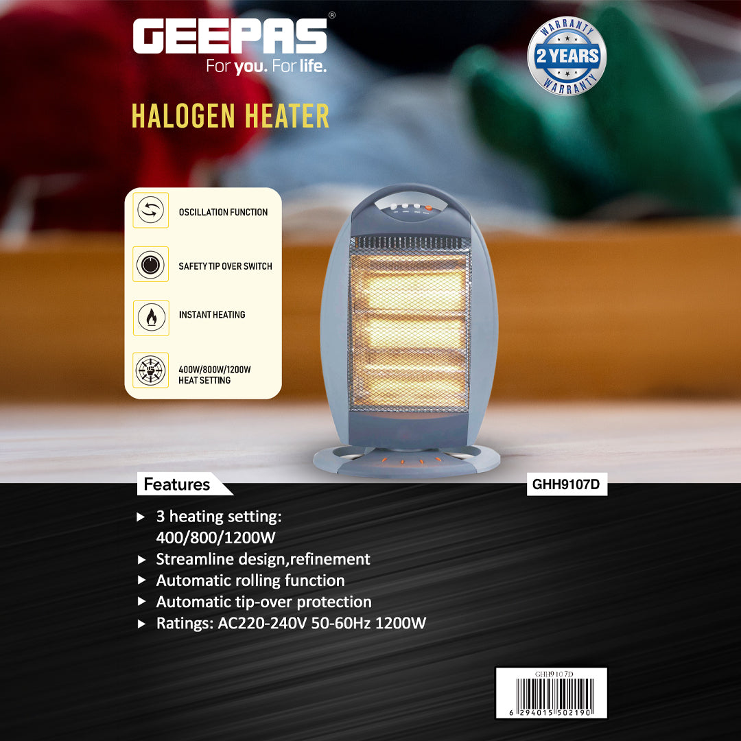 Geepas GHH9107 1200W Halogen Heater | 3 Heat Settings | Tip-Over Safety Protection | Instant Heating | Energy Efficient | Compact & Portable Design | 2 Years Warranty