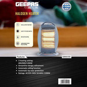 Geepas GHH9107 1200W Halogen Heater | 3 Heat Settings | Tip-Over Safety Protection | Instant Heating | Energy Efficient | Compact & Portable Design | 2 Years Warranty
