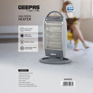 Geepas Halogen Heater- GHH9112 | 1200W/800W/400W Heat Settings, Safety Tip-Over Switch, Oscillation, Cool-Touch Housing & Carry Handle, Ideal for Home & Office