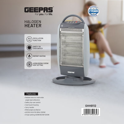 Geepas Halogen Heater- GHH9112 | 1200W/800W/400W Heat Settings, Safety Tip-Over Switch, Oscillation, Cool-Touch Housing & Carry Handle, Ideal for Home & Office