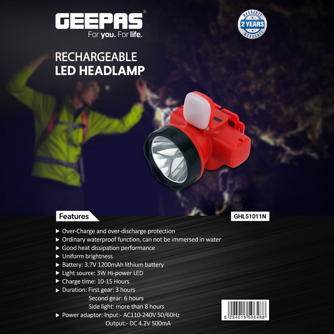 Geepas GHL51011 Rechargeable LED Headlamp | 3W Hi-Power LED | 1200mAh Lithium Battery| Long Runtime | Over-Charge & Over-Discharge Protection | 2 Years Warranty