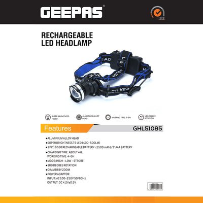Geepas GHL51085 Rechargeable LED Headlamp | T6 LED 400–500 Lumens | Aluminium Alloy Head | Zoom Beam | 180° Rotation| Multi-Mode Lighting for Activities and Camping