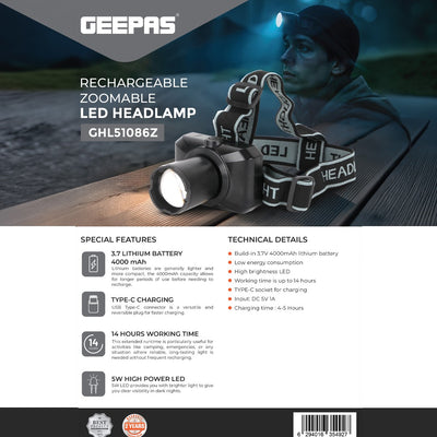 Geepas GHL51086 Rechargeable LED Headlamp |  5W High Power LED|  4000mAh Battery|  Zoomable Beam|  Type-C Fast Charging |  Up to 14 Hours Runtime |   2 Years Warranty