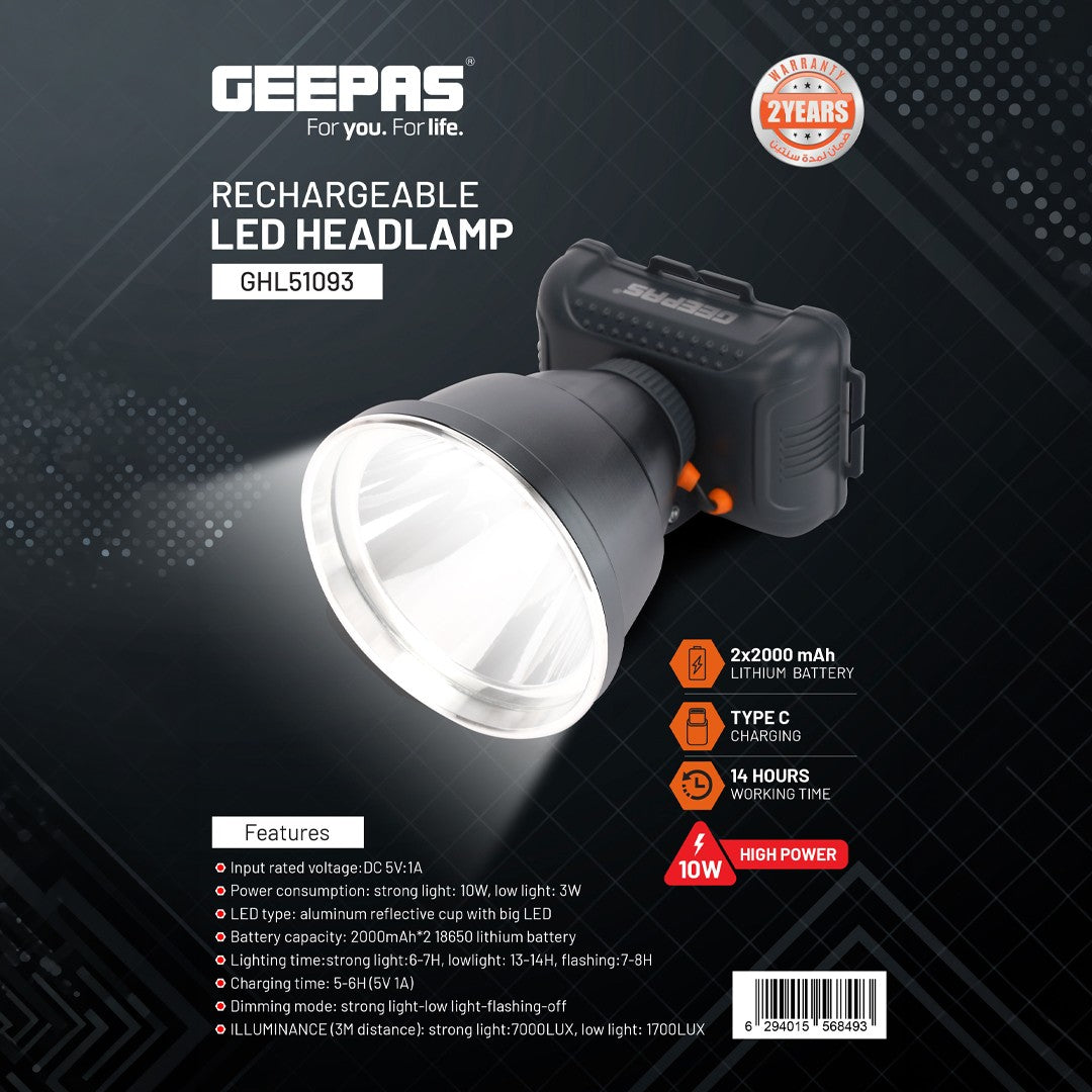 Geepas Rechargeable LED Headlamp GHL51093 |Lightweight & Portable with Lithium Battery |Strong, Low & Flashing Modes | Ideal for Camping, Hiking, Cycling & Fishing |Black