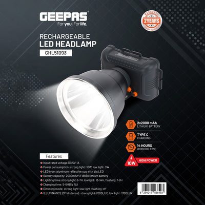 Geepas Rechargeable LED Headlamp GHL51093 |Lightweight & Portable with Lithium Battery |Strong, Low & Flashing Modes | Ideal for Camping, Hiking, Cycling & Fishing |Black